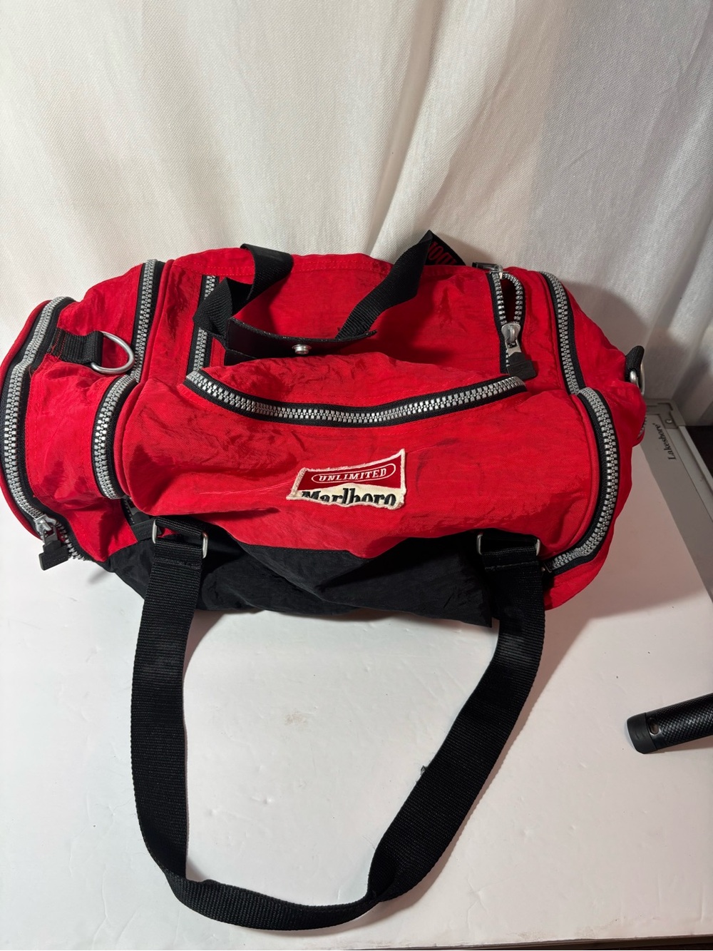 Marlboro 90’s Red and Black Men's Duffel Bag with Multiple Pockets